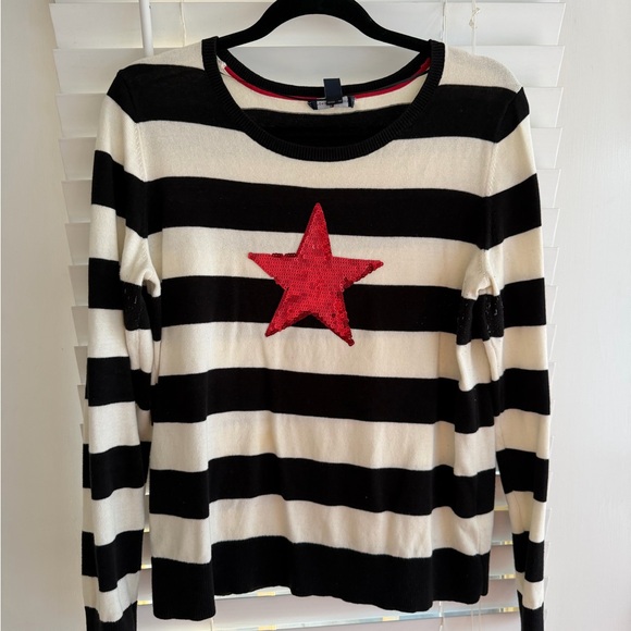 Tommy Hilfiger Sweaters - Tommy Hilfiger Black and White Striped Top with Red Star